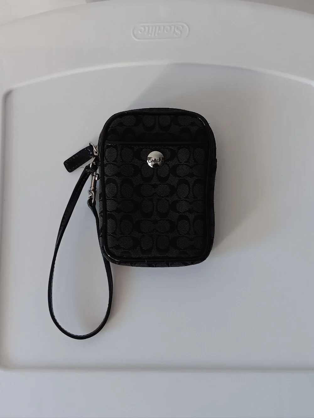 Vintage Coach Signature Canvas Leather Wristlet Phone Case Bag Black Silver